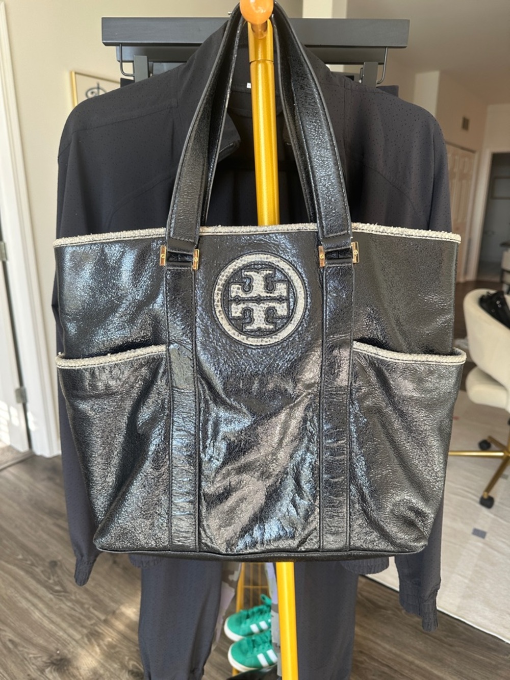 Tory Burch Black Patent Leather Bag with Snakeskin Trim